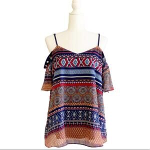 Coco & Carmen Top Blouse Siren Vibrant Print Short Sleeve Cold Shoulder L/XL NEW